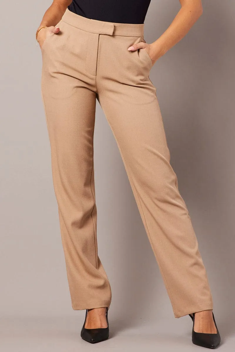 Beige Slim Pants Mid Rise Modern Edge Comfort Stretch