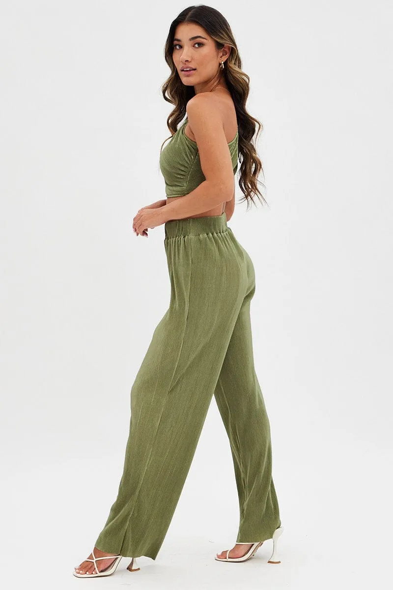 Green Plisse Pants Wide Leg High-rise waist Stylish Appearance