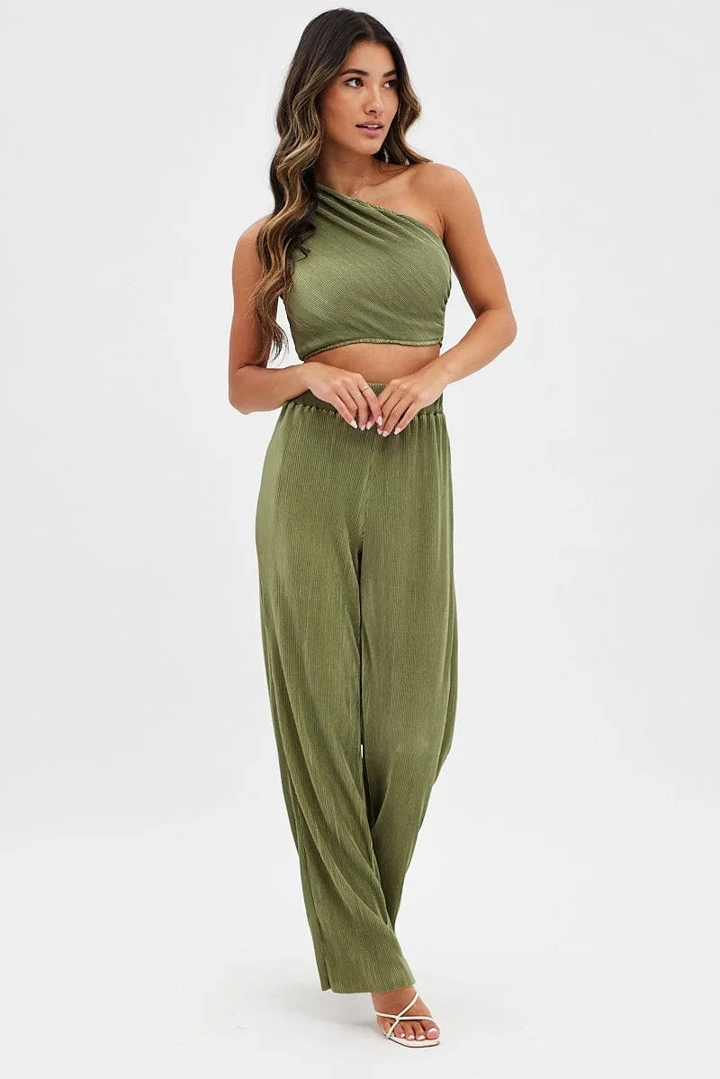 OdorResistant quick dry Green Plisse Pants Wide Leg