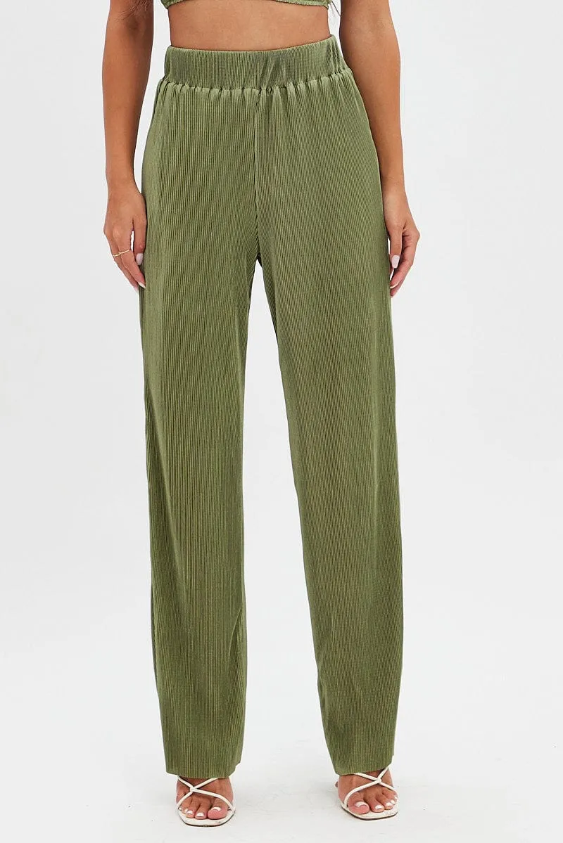 Compact Storage Green Plisse Pants Wide Leg