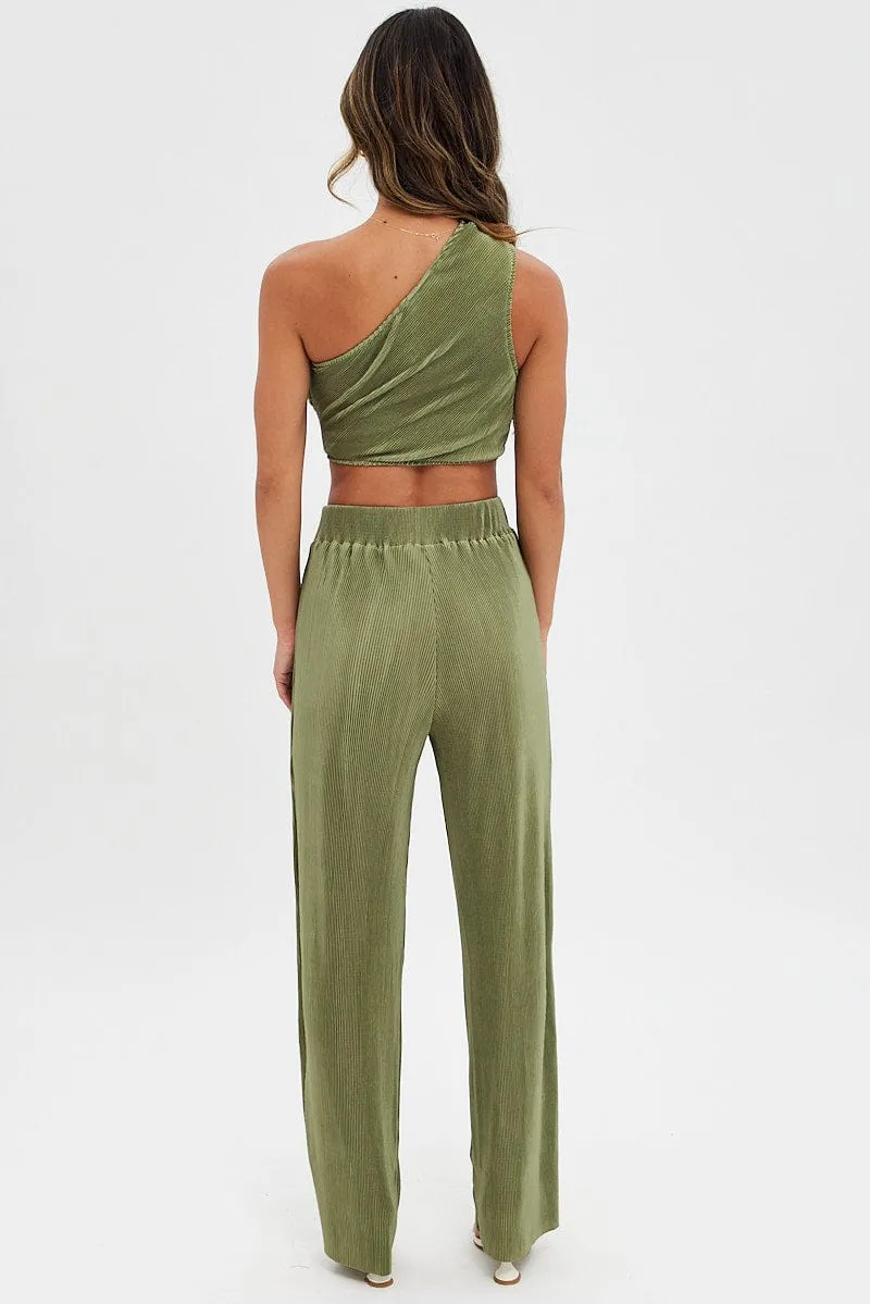 ExpandableSidePanels Green Plisse Pants Wide Leg