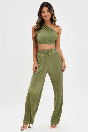 RecycledMaterial Green Plisse Pants Wide Leg