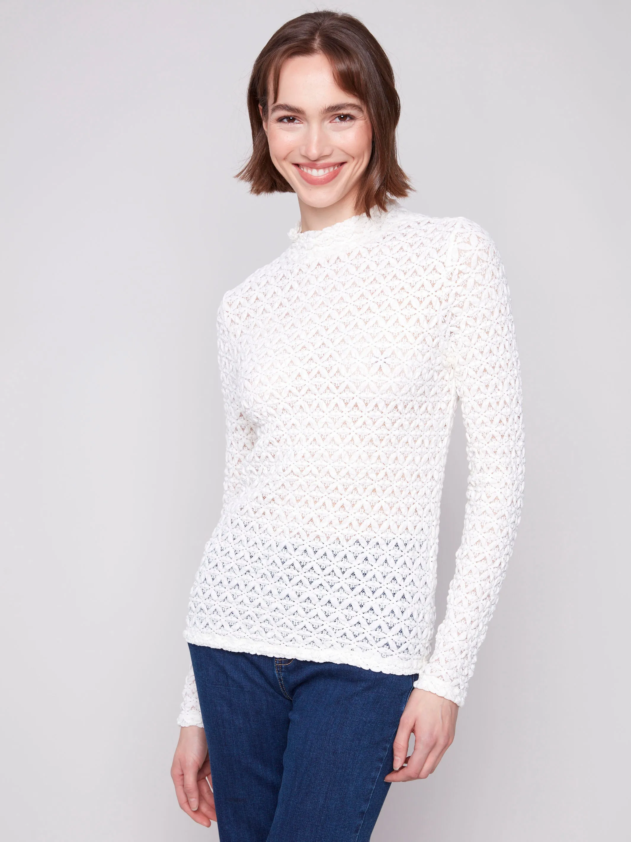 Lace Mock Neck Top - Ecru Effortless Fit Timeless Layering