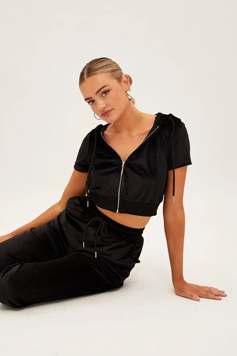 product shipping Black Velour Short Sleeve Zip Lounge Hoodie