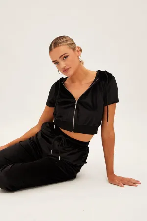 product shipping Black Velour Short Sleeve Zip Lounge Hoodie