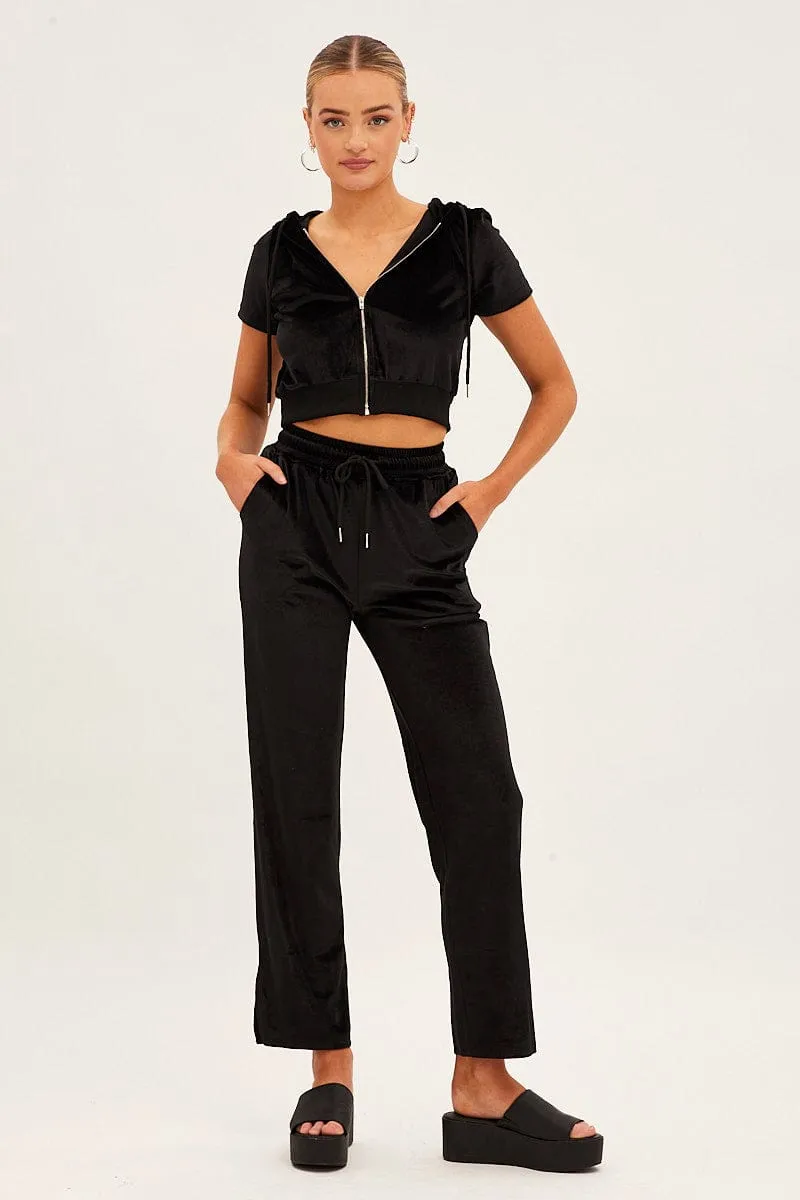 Weekend Fit Casual apparel Black Velour Short Sleeve Zip Lounge Hoodie