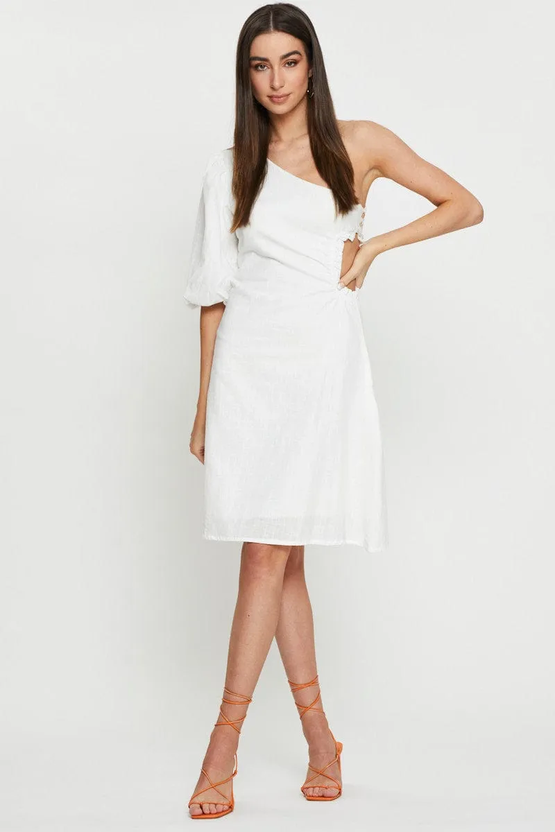 Bird Call White Midi Dress One Shoulder