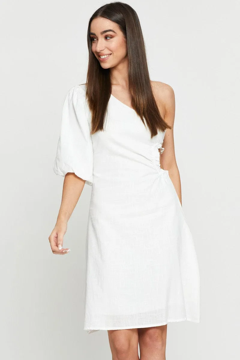 White Midi Dress One Shoulder Leaf Song Greek Spirit