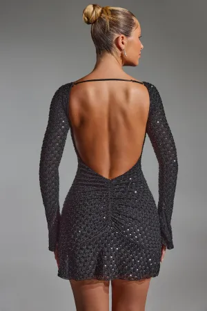 Stylish Appeal Party Soft Embellished Open-Back A-Line Mini Dress in Black