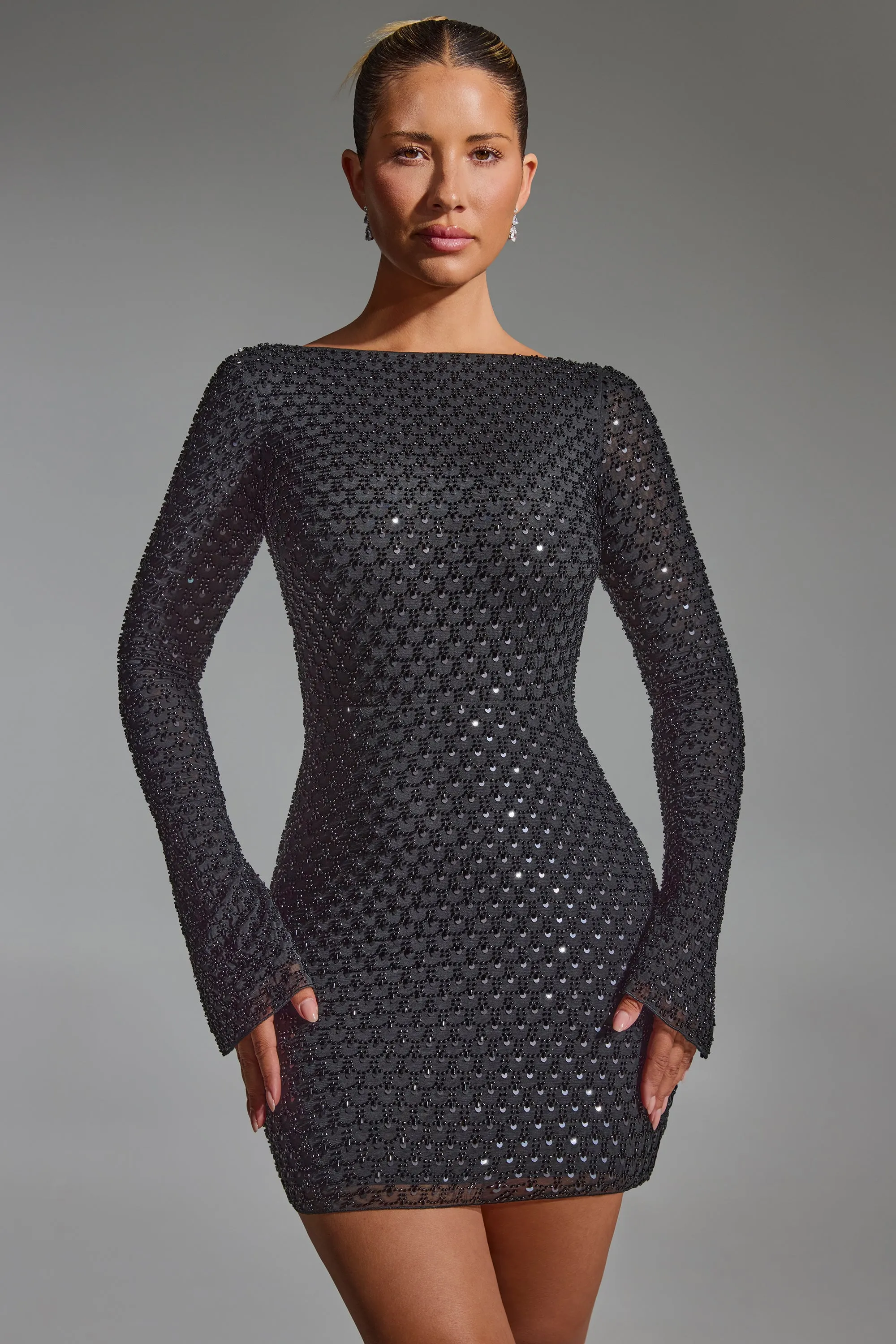 Boho Vibes Embellished Open-Back A-Line Mini Dress in Black