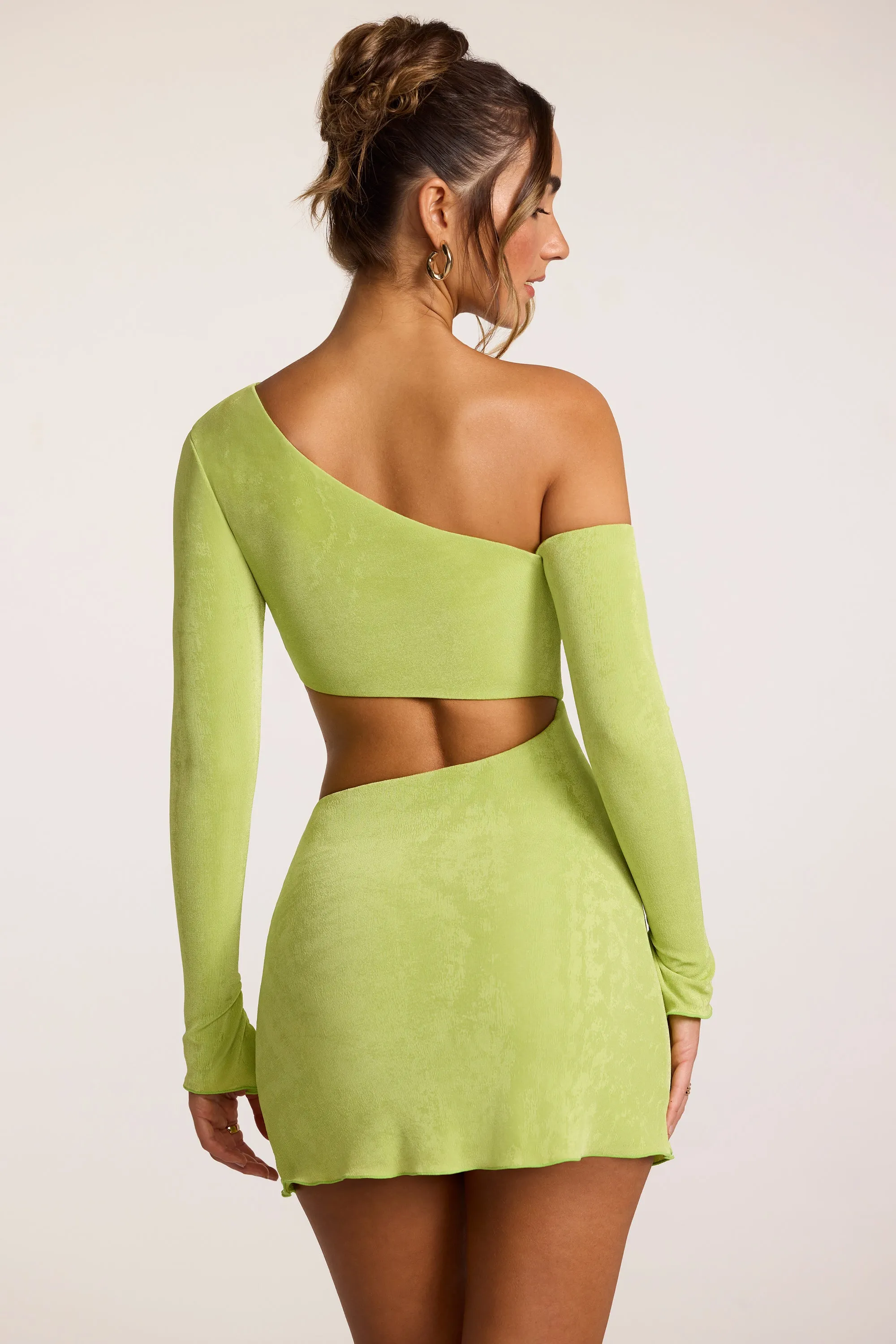 Textured Jersey Asymmetric Cut Out Mini Dress in Lime Reinforced Hemline