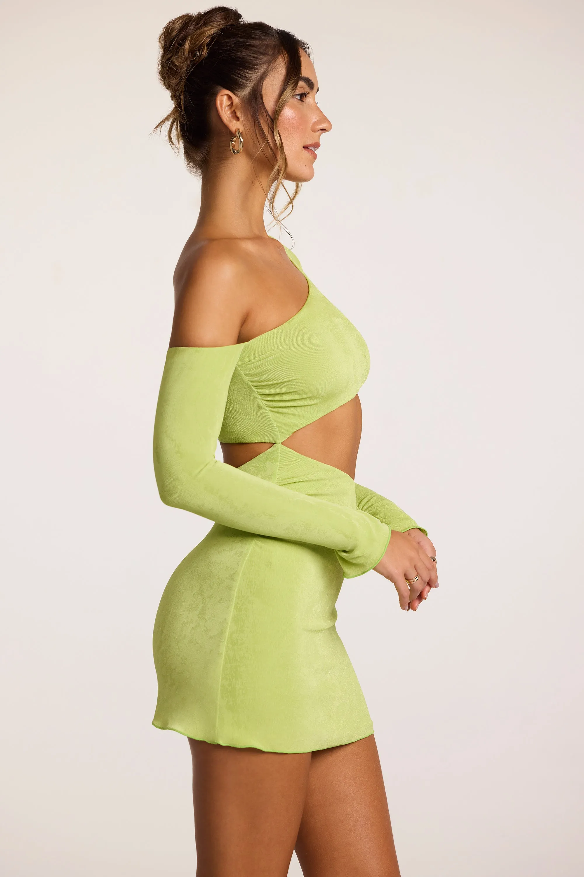 Glow Queen Stage Rush Textured Jersey Asymmetric Cut Out Mini Dress in Lime