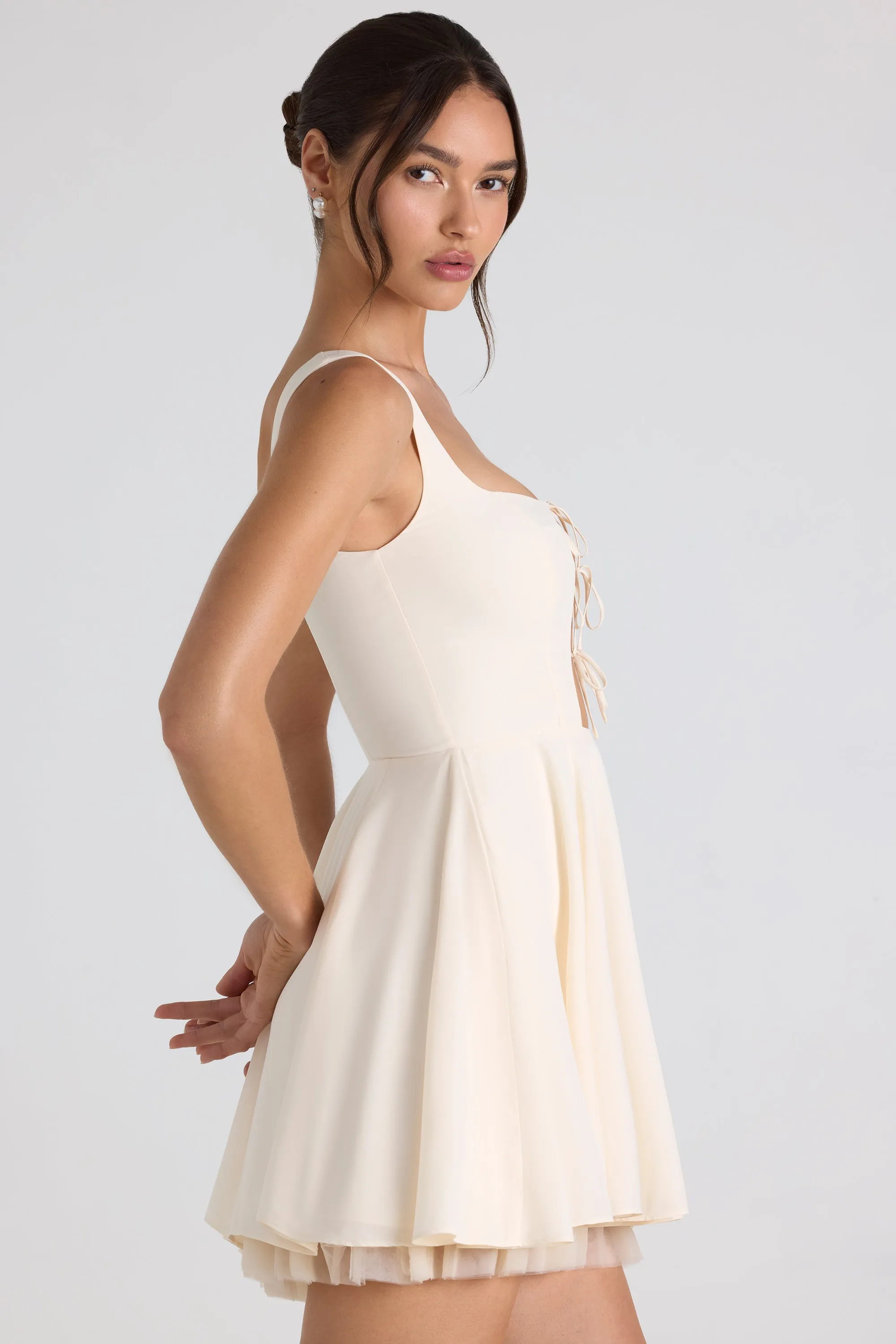 Stage Vibe Modern Muse Tie-Detail A-Line Micro Mini Dress in Ivory