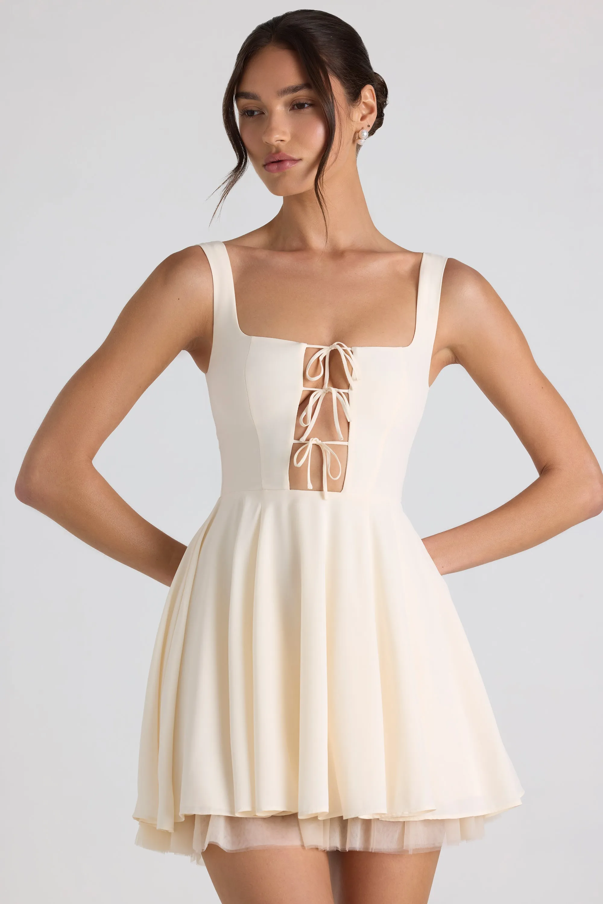 Casual Day Out Travel Light Tie-Detail A-Line Micro Mini Dress in Ivory