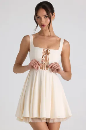 Tie-Detail A-Line Micro Mini Dress in Ivory Floral Prints Wear Floral Pattern