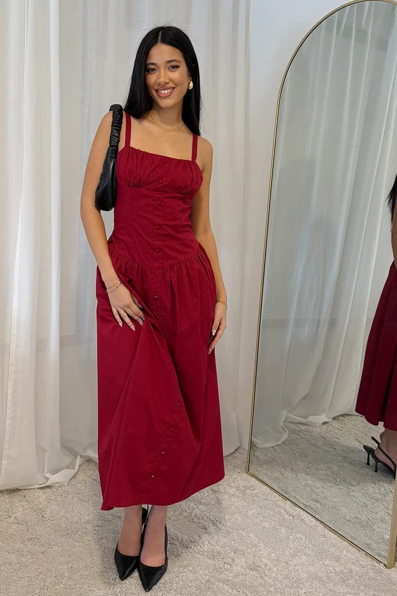 Stylish Outfit Red Midi Dress Sleeveless Poplin