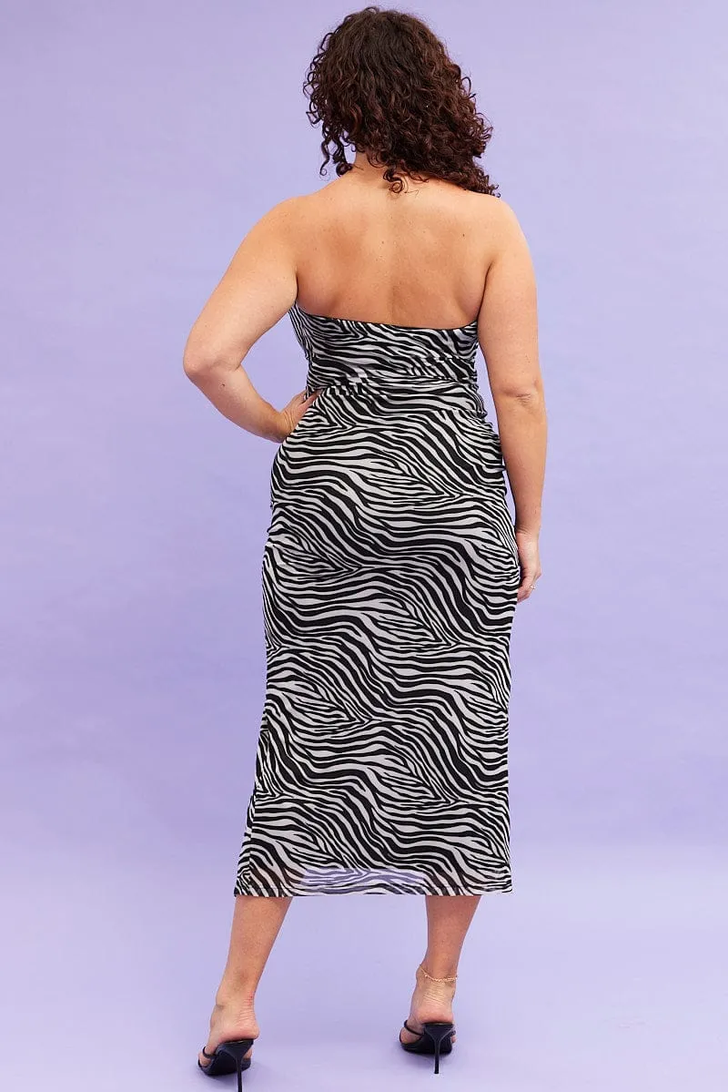 Light and breathable fabric Black Animal Print Maxi Bodycon Dress Strapless Side Split Mesh