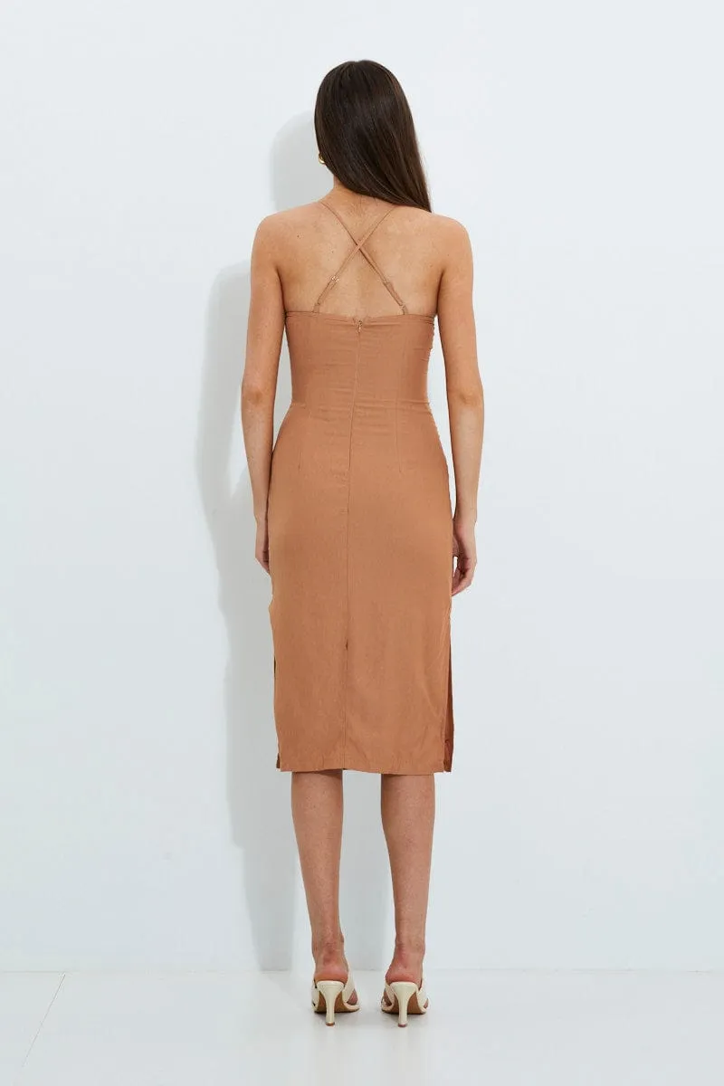 Dreamy Feel Port Side Beige Designer Linen Look Racer Neck Midi Dress