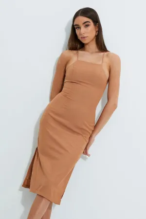 rooftop party Beige Designer Linen Look Racer Neck Midi Dress