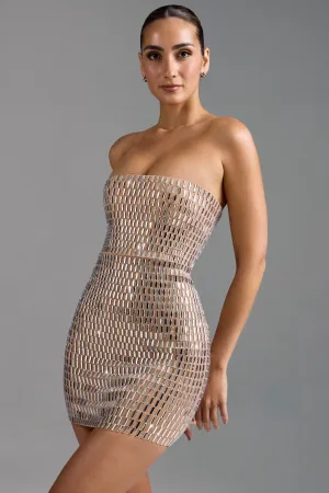 Embellished Bandeau Mini Dress in Almond Heat Proof Charming Detail