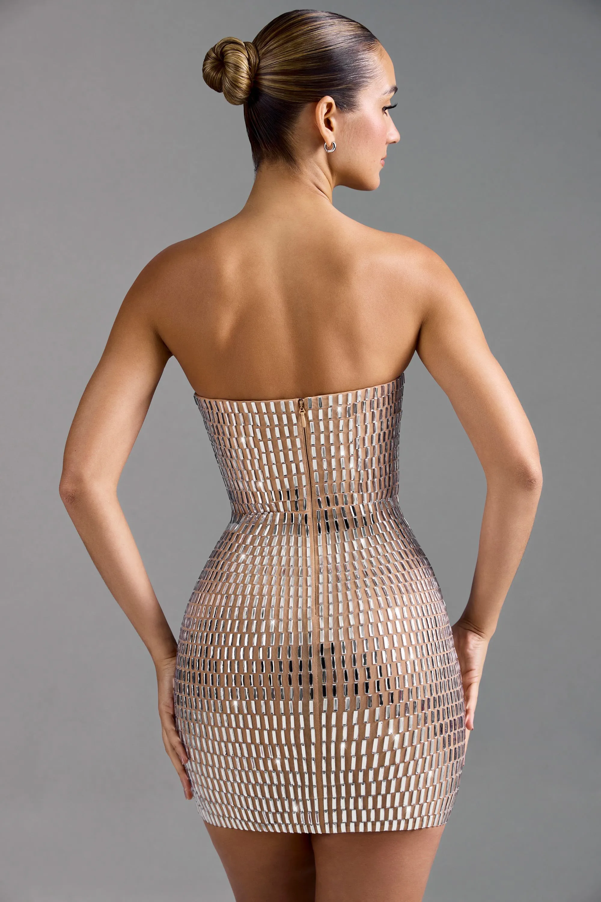 Charming Detail Embellished Bandeau Mini Dress in Almond