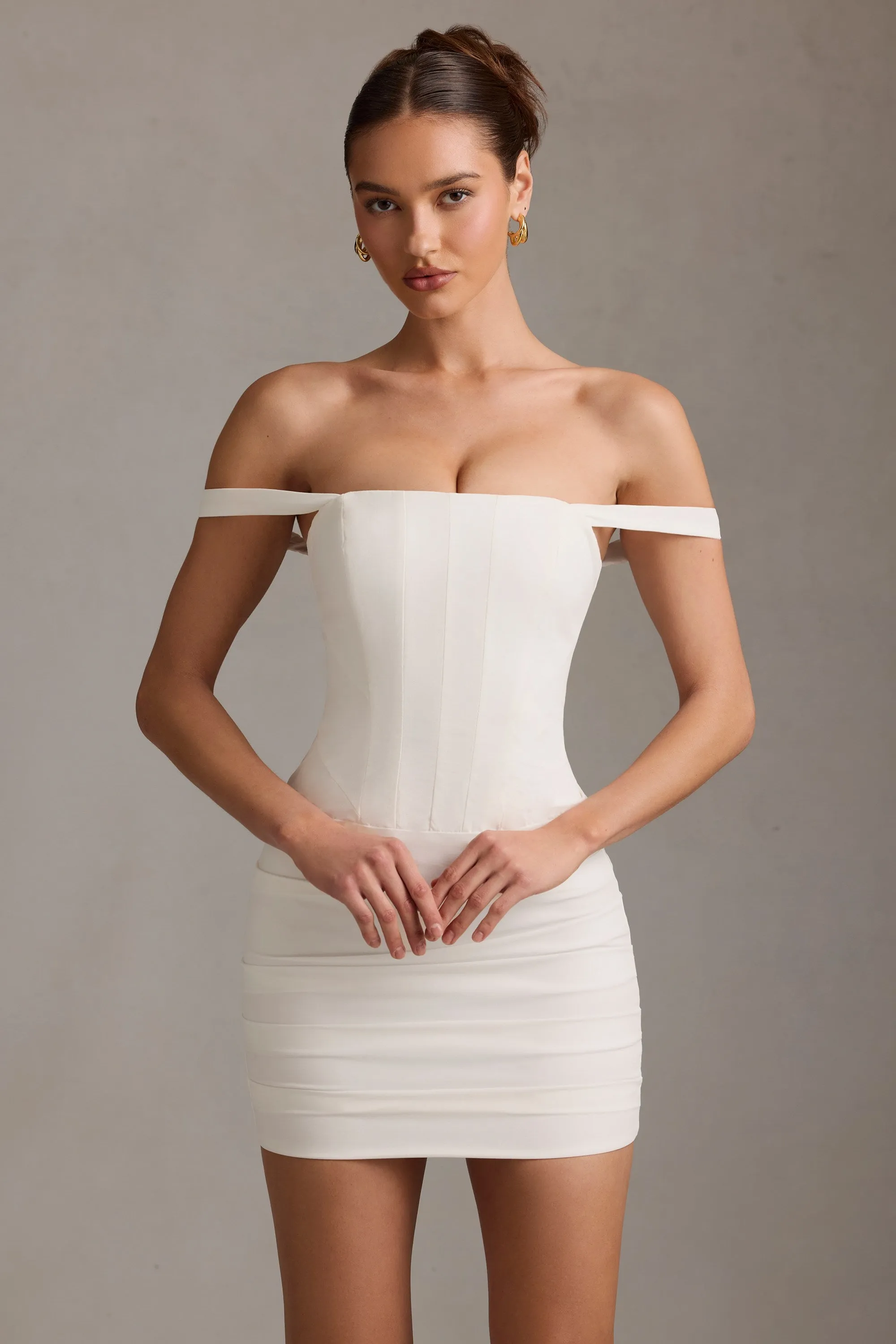 Off-Shoulder Corset Mini Dress in White Scene Warm wrinkle free