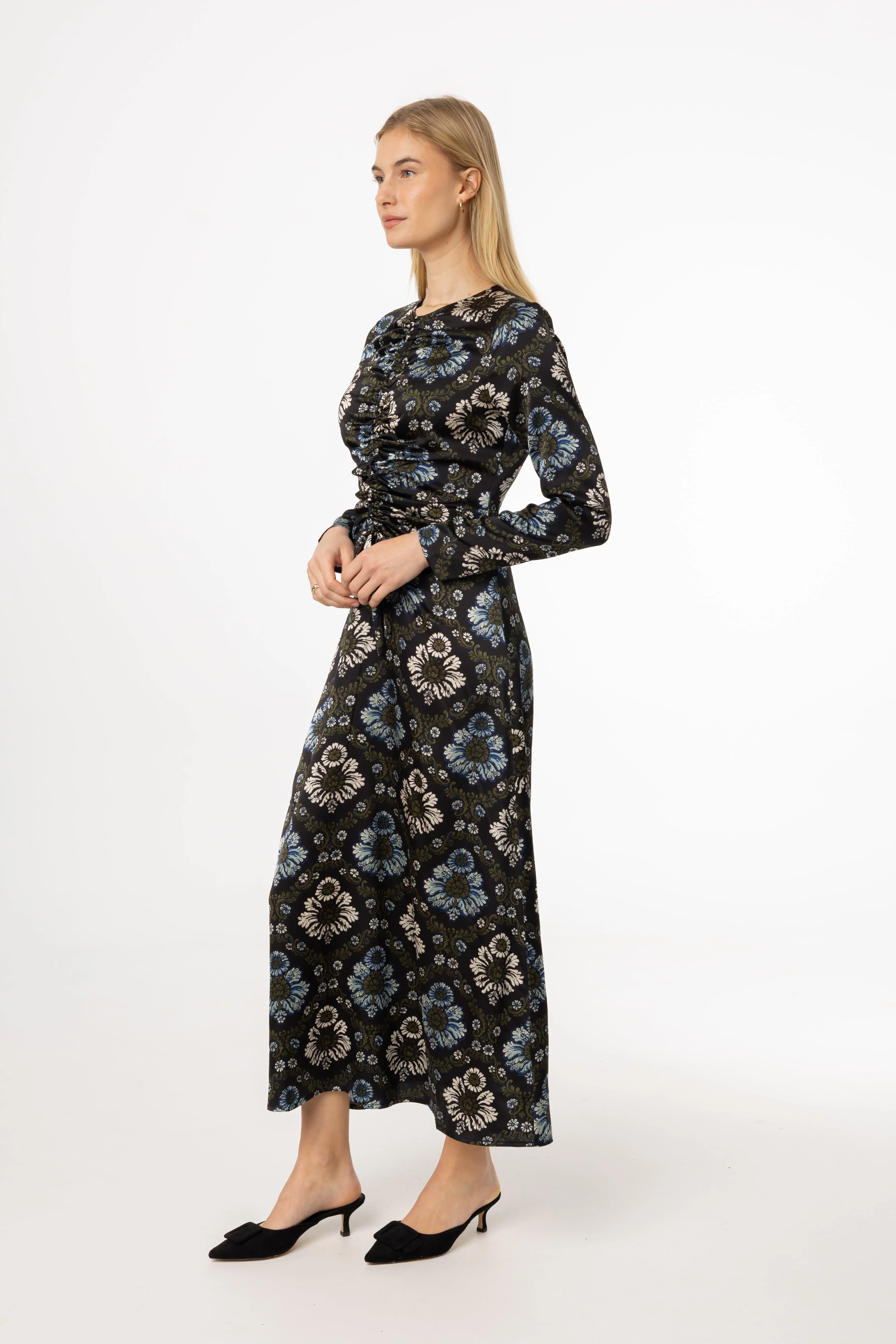 Creative Glow Green and Blue Printed Ruched Maxi Dress