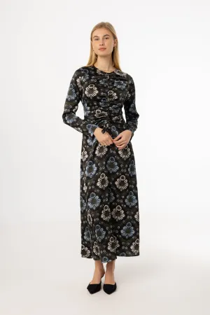 NonRestrictive Movement AntiPilling Technology Green and Blue Printed Ruched Maxi Dress