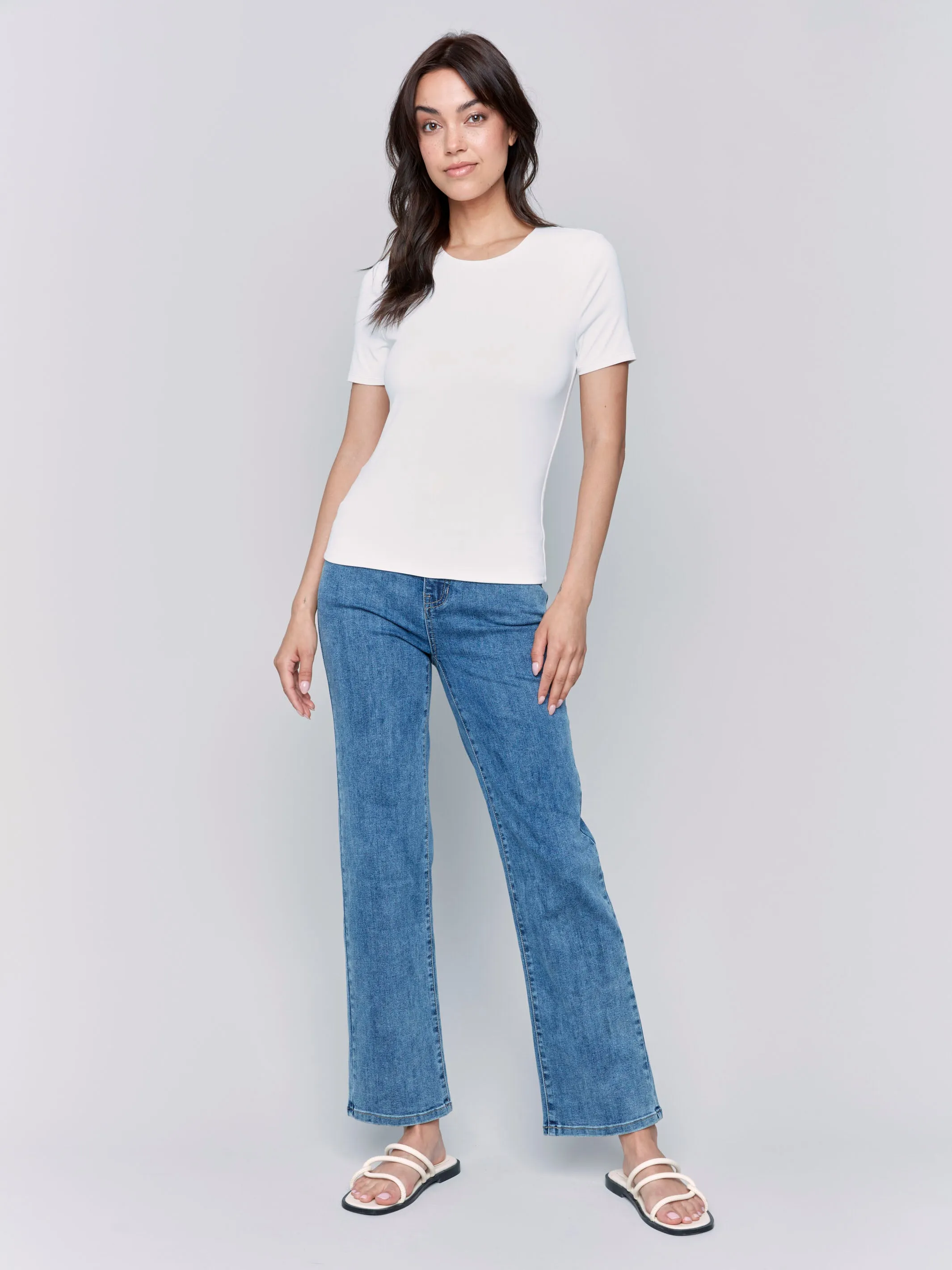Short-Sleeved Super Stretch Top - White Lace trim Layered Look Wear