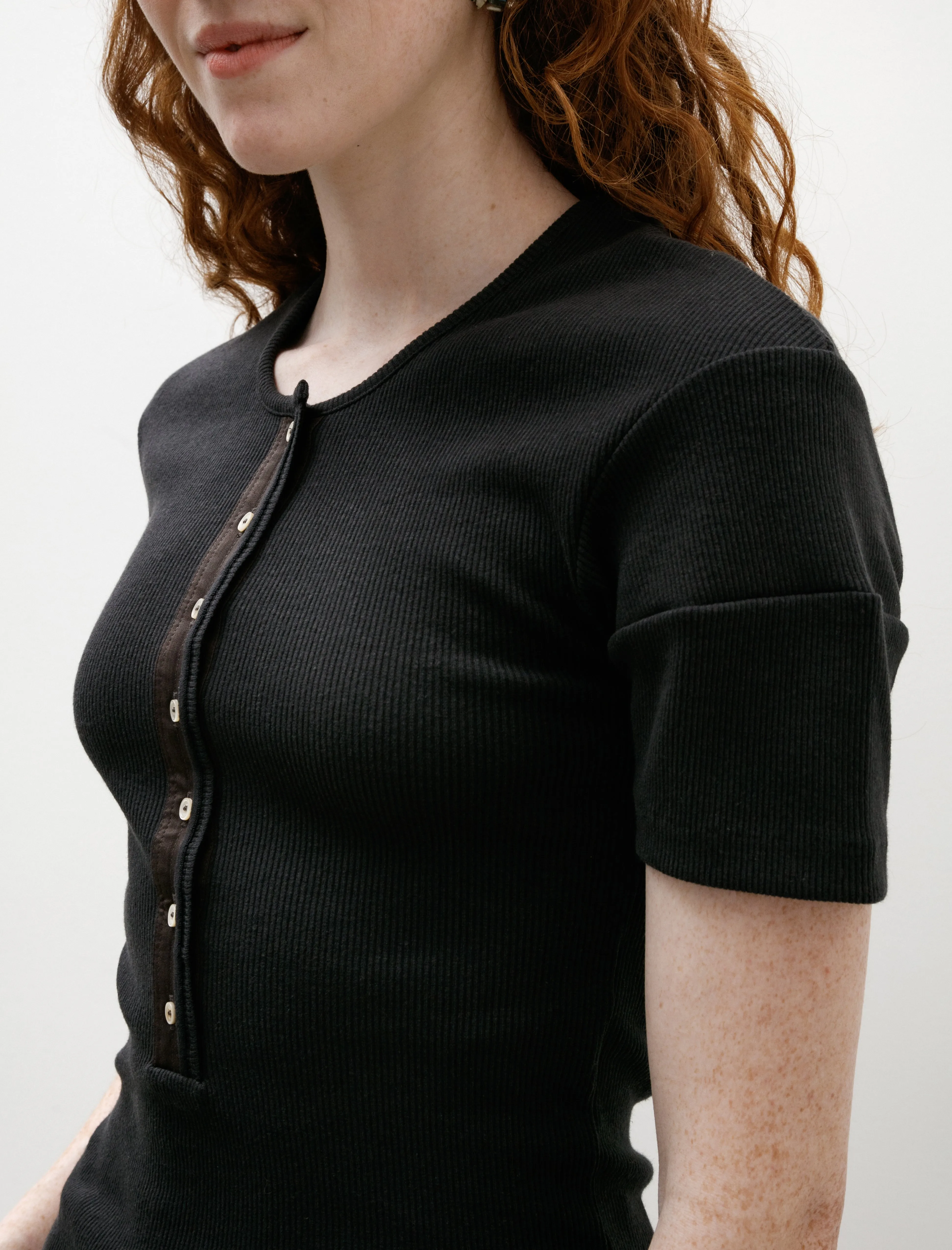 Polish Tone Planet Glow Fitted Henley Knit Cotton Linen Rib Jet Black