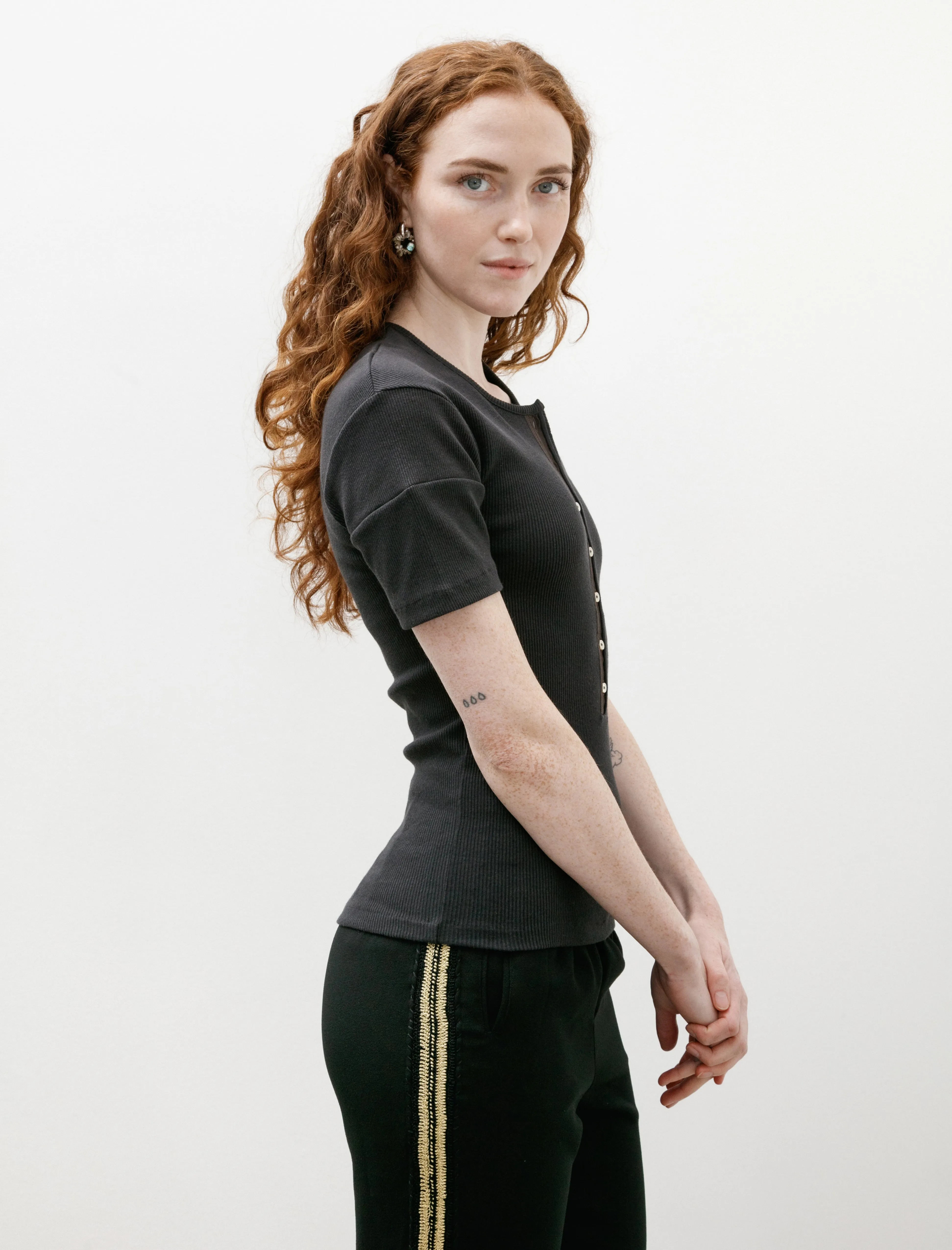 Youth Glow Fitted Henley Knit Cotton Linen Rib Jet Black