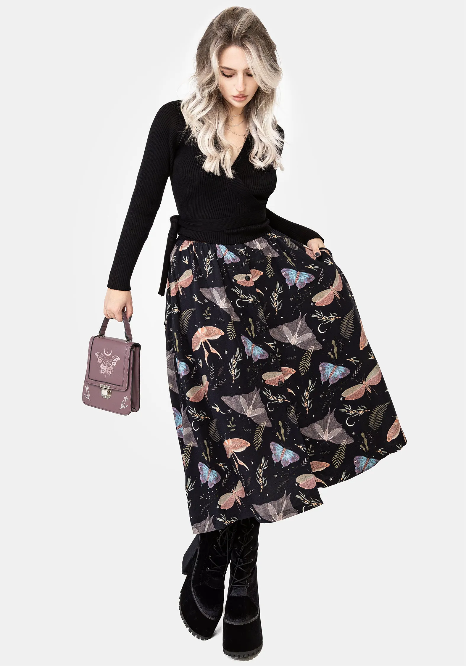 Neat Finish Heat Dissipating Fabric Nightmoth Button Up Midi Skirt