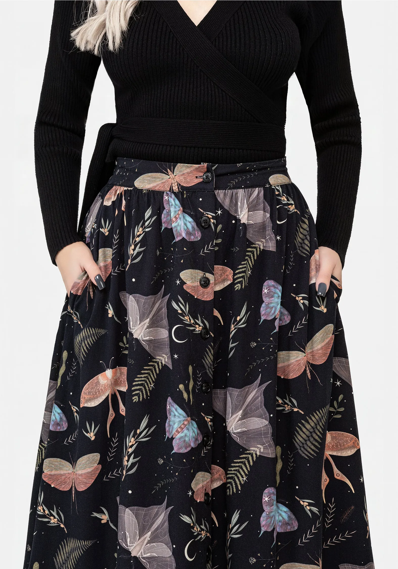 Breathable Lining Nightmoth Button Up Midi Skirt