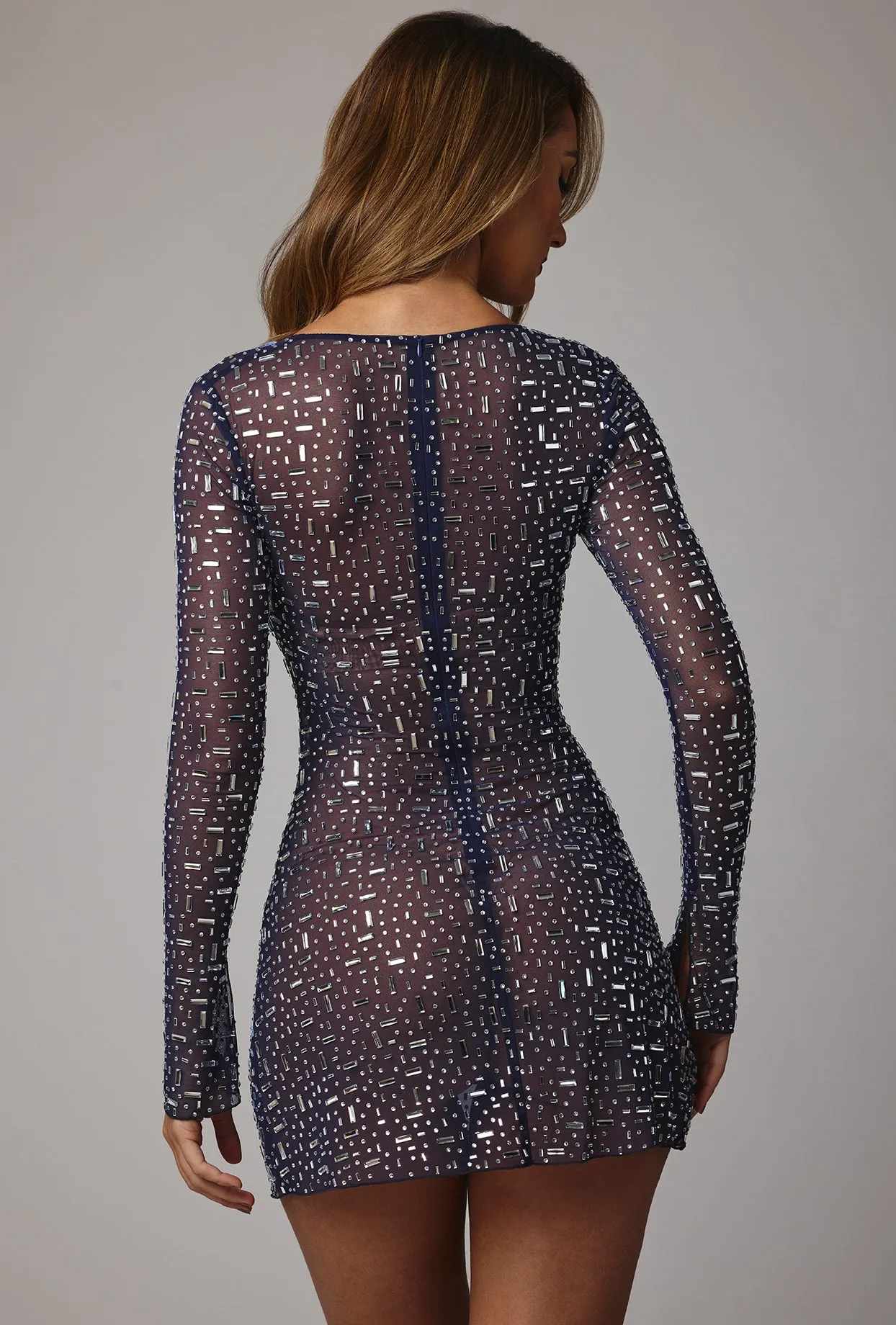 Sheer Embellished Long Sleeve A-Line Mini Dress in Navy City Edge Tagless Labeling