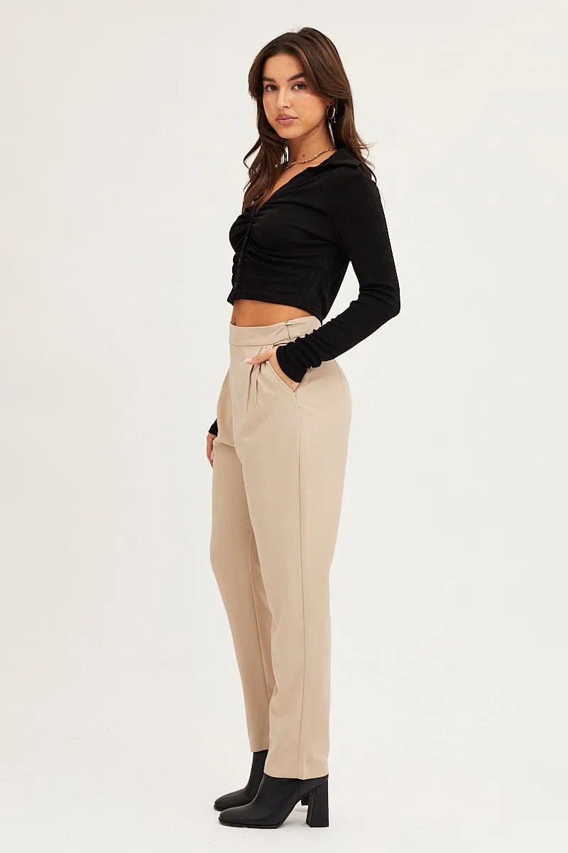 Light Fabric Flexible Leg Brown Cropped Pants High Waist Workwear