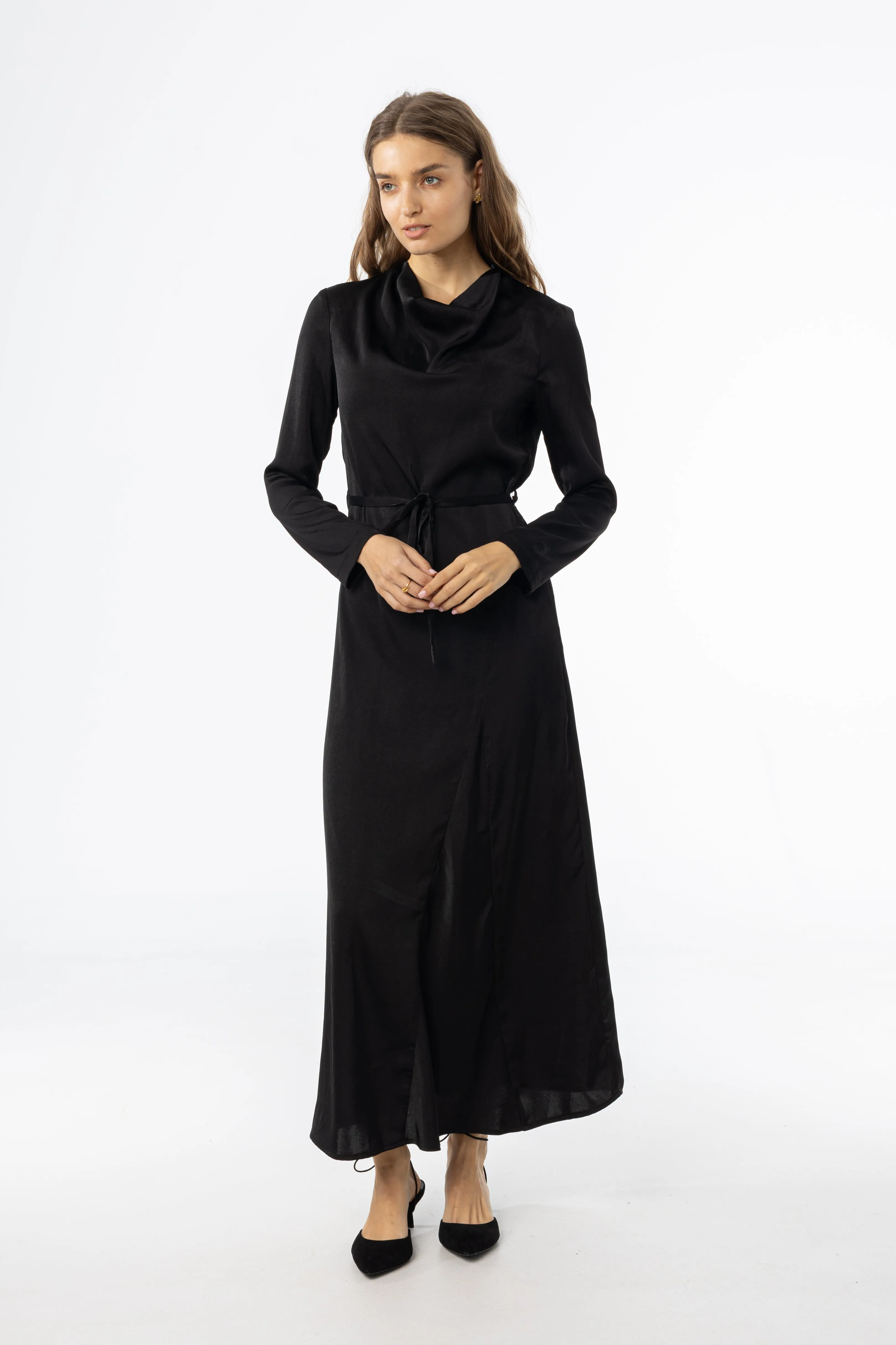 Black Draped Neck Maxi Dress Stage Feel Dad Core
