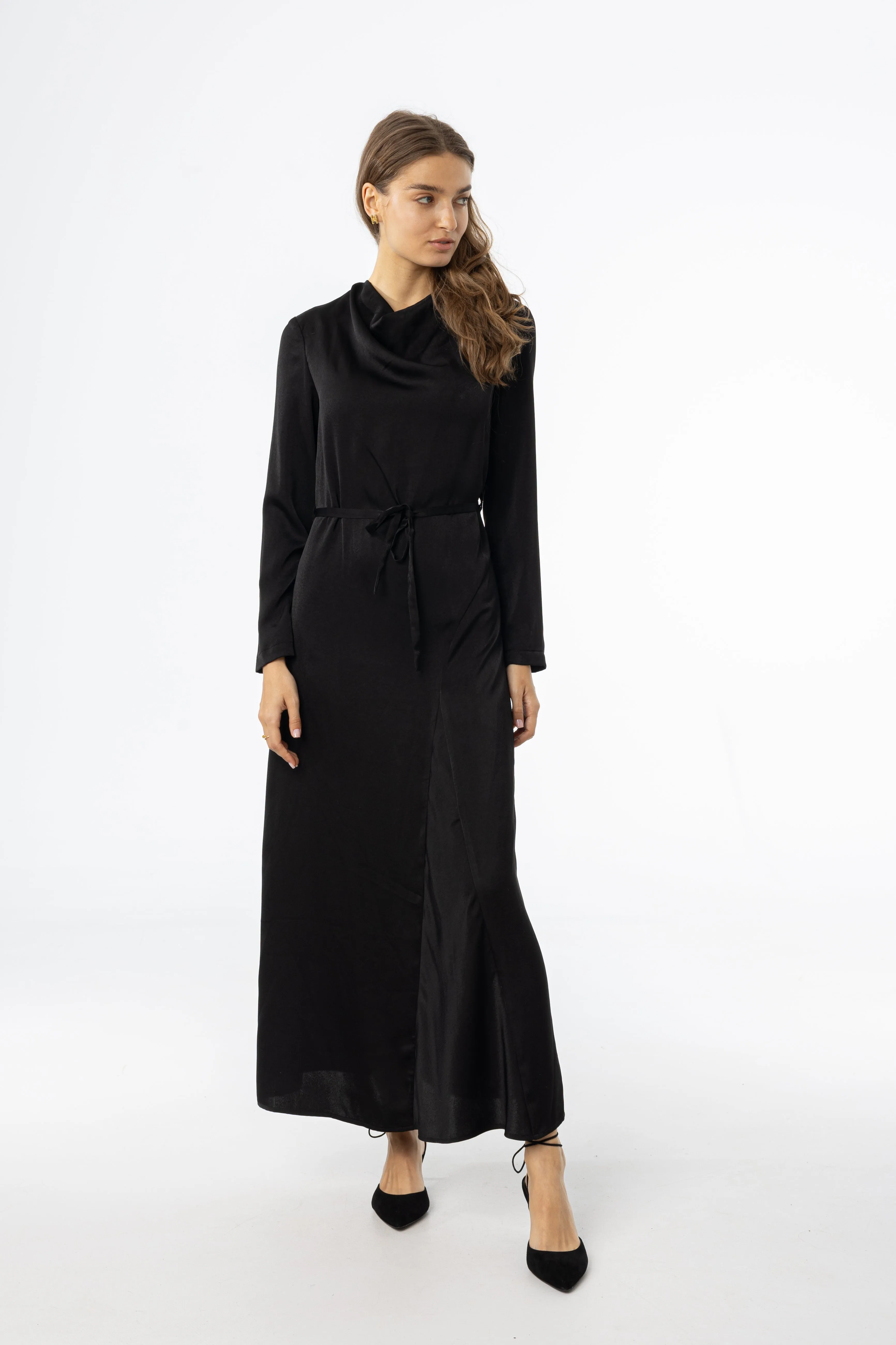 VentilatedMesh Black Draped Neck Maxi Dress
