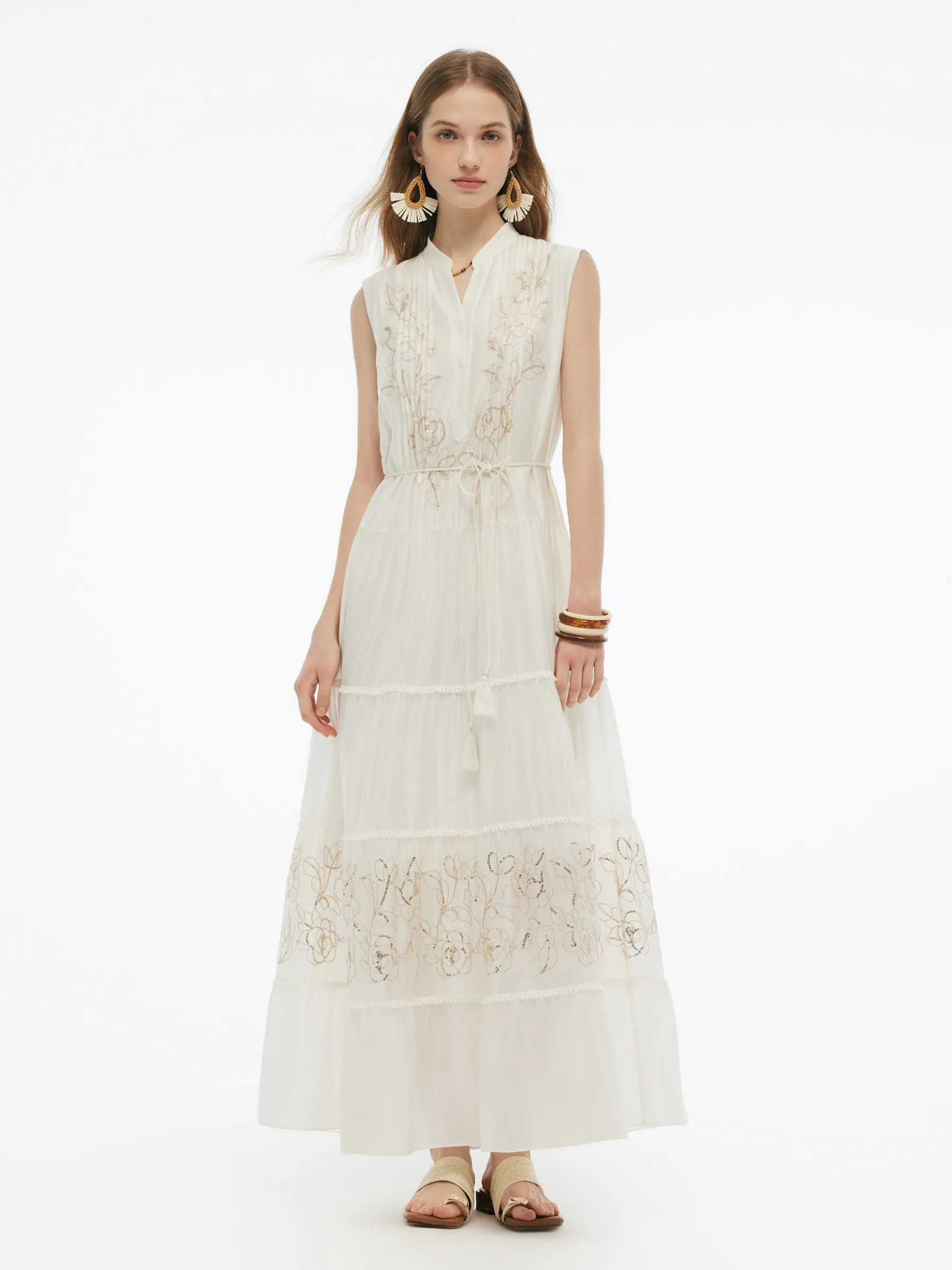 Comfy Fashion Tencel Blend Embroidered Women Maxi Vest Dress With Tie String Belt