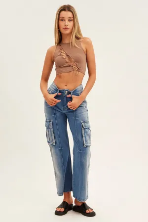 No Gap Waist Construction Blue Wide Leg Denim Cargo Pants