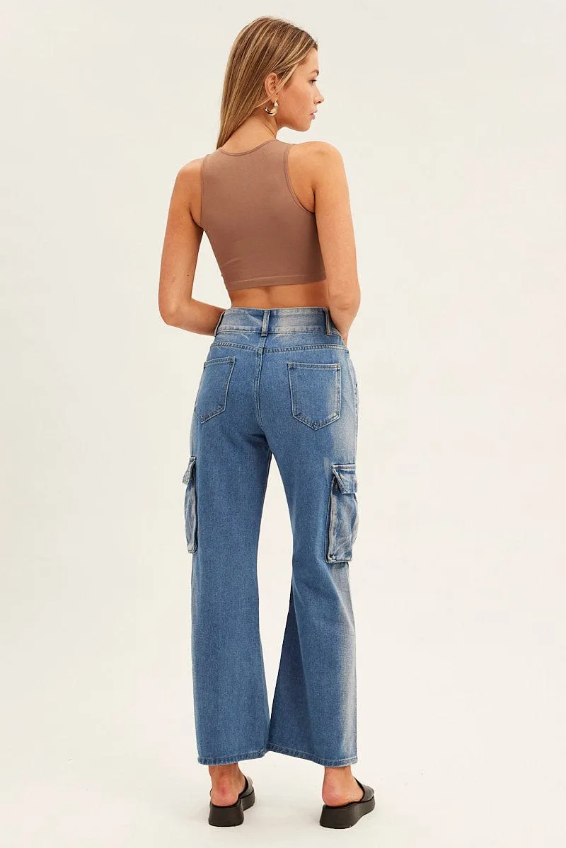 Flattering Shape Air Circulation Blue Wide Leg Denim Cargo Pants
