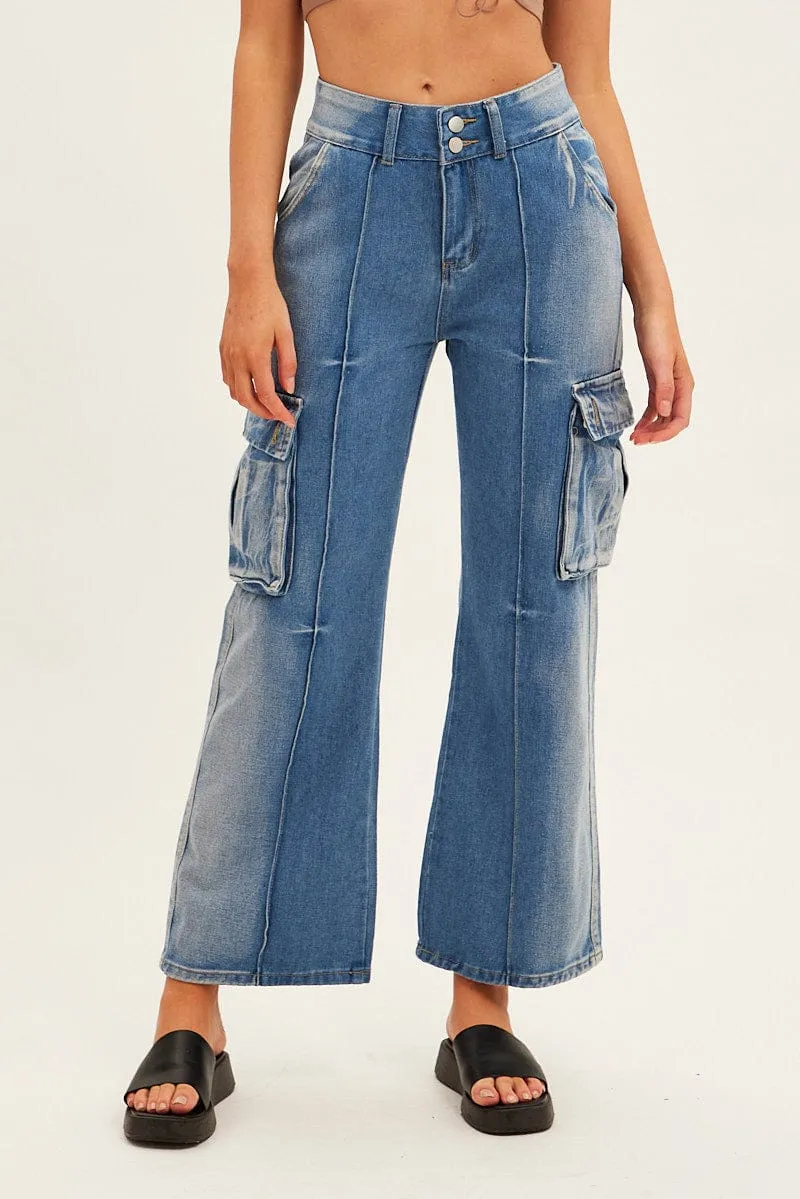 High Rise Design Blue Wide Leg Denim Cargo Pants