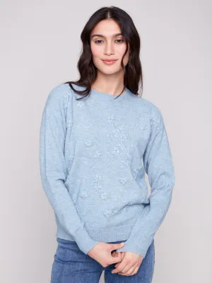 Crew Neck Sweater with Tonal Embroidery - Heather Oxford Cashmere Blend