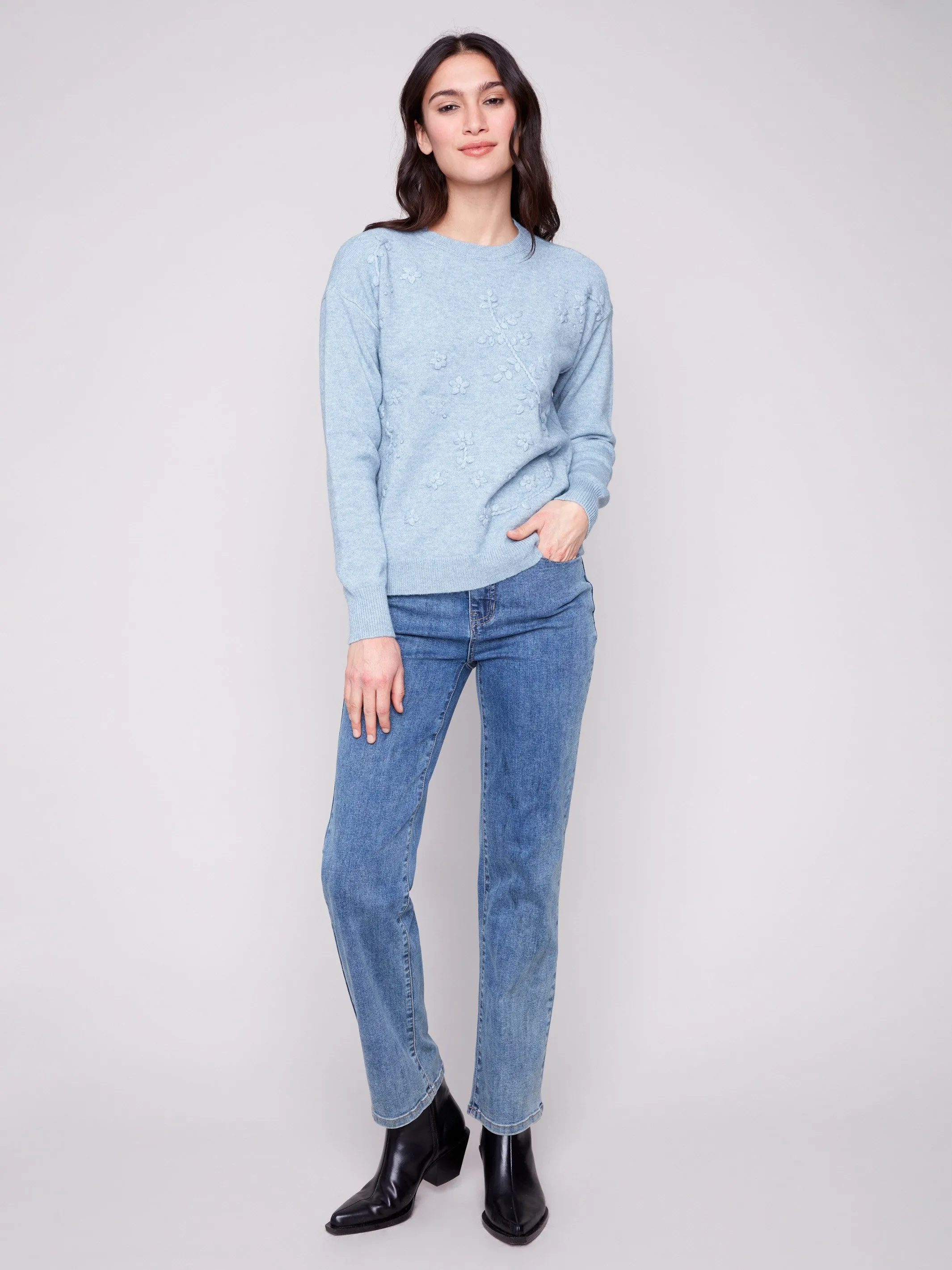 Functional Layers Fashion Statement Crew Neck Sweater with Tonal Embroidery - Heather Oxford