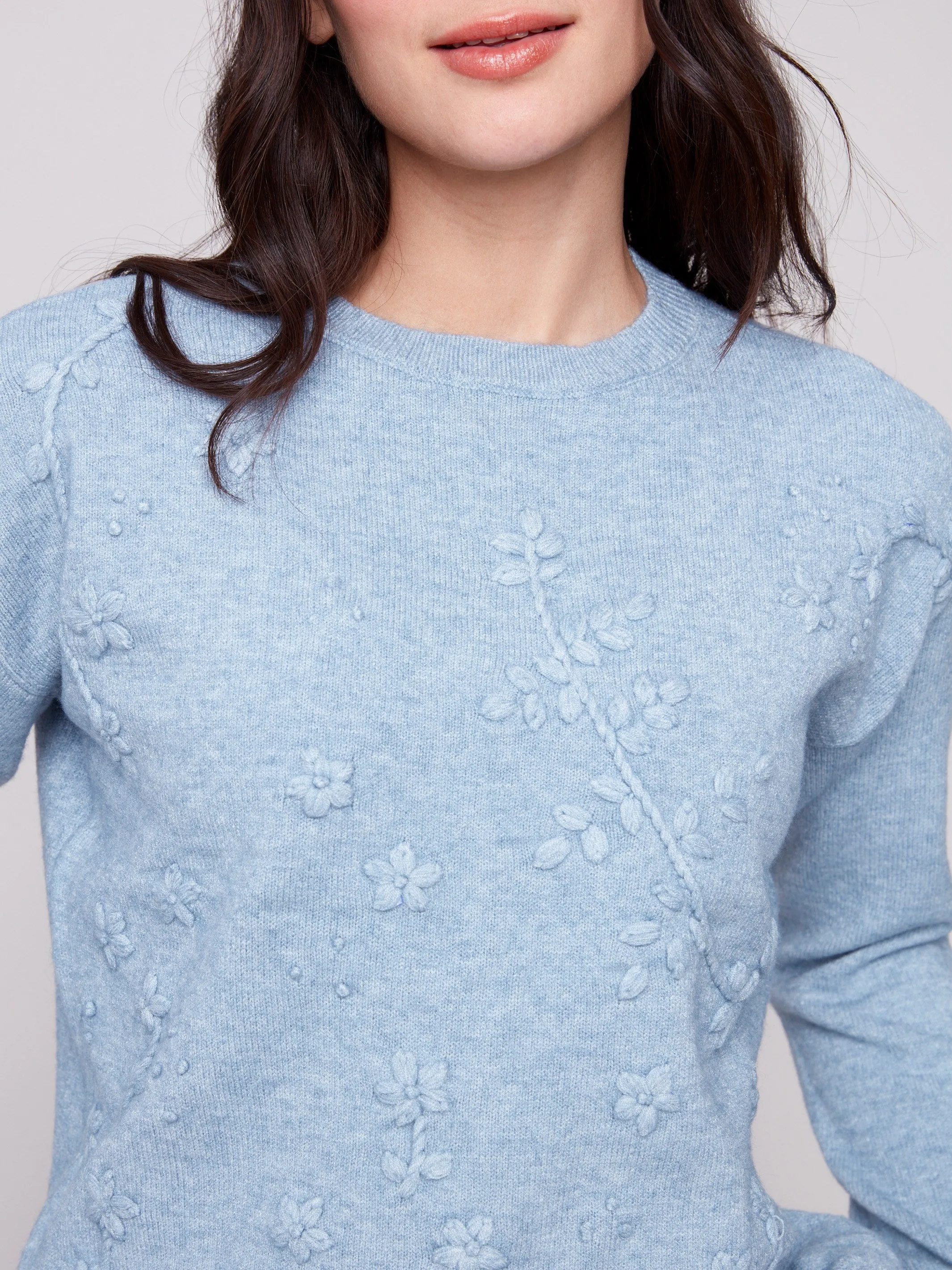 Soft & Cozy Casual Knit Layer Crew Neck Sweater with Tonal Embroidery - Heather Oxford