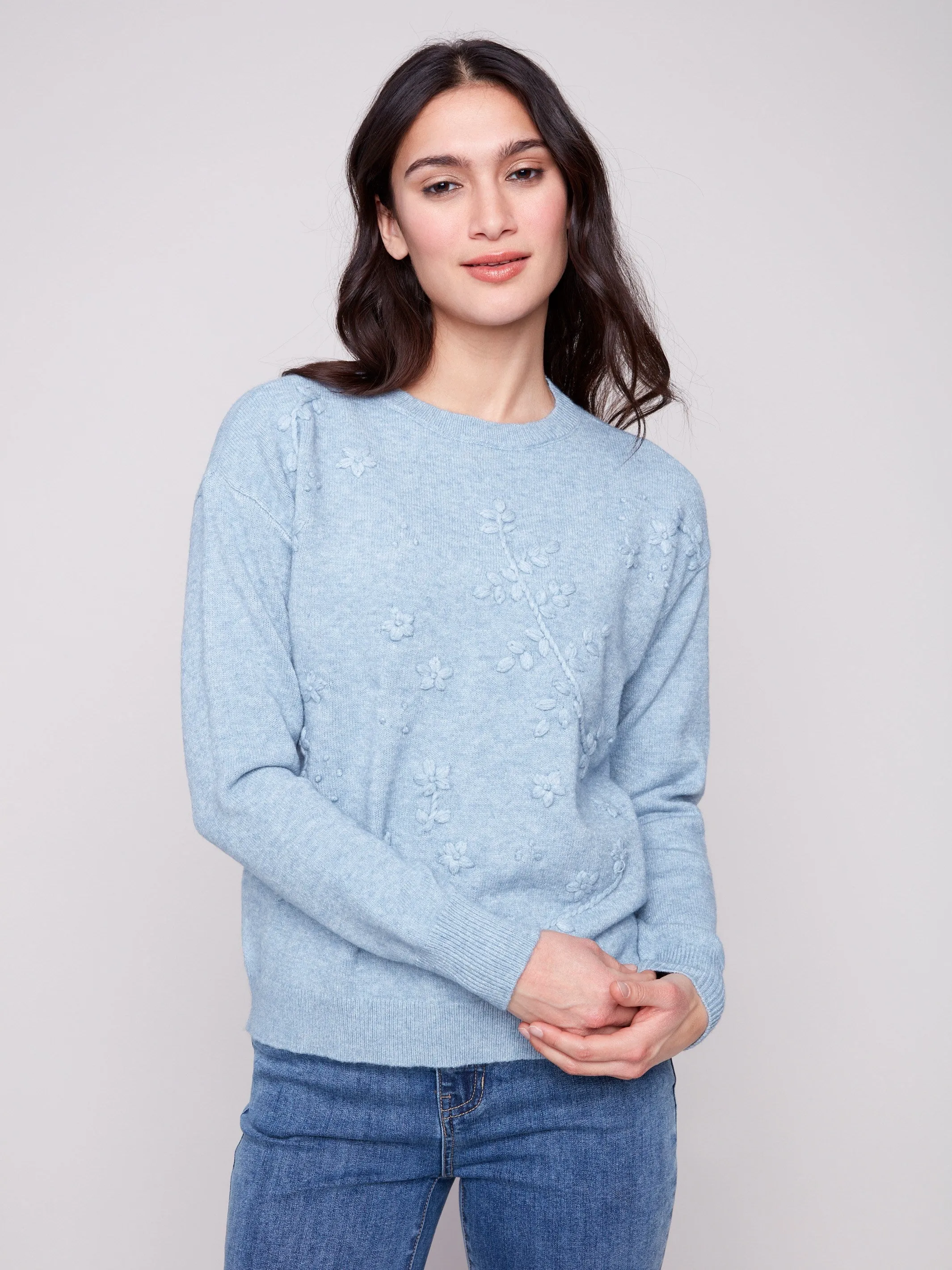 Crew Neck Sweater with Tonal Embroidery - Heather Oxford Cold Weather Wear Stylish Knit