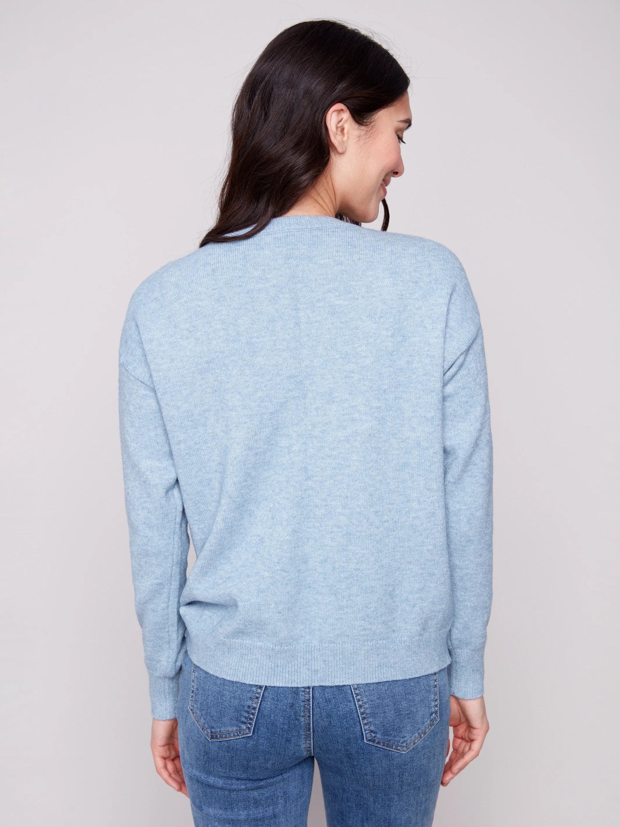 Crew Neck Sweater with Tonal Embroidery - Heather Oxford Comfy Knit Outfit Winter Wearable