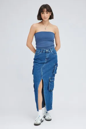 Creative Layering Denim Cargo Skirt Mid Rise Maxi Utility Pocket Details