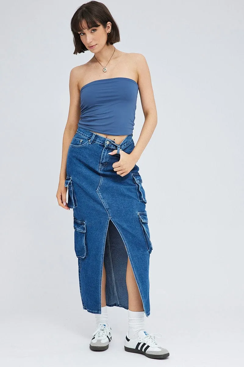 Denim Cargo Skirt Mid Rise Maxi Utility Pocket Details Fresh Style Urban Fit