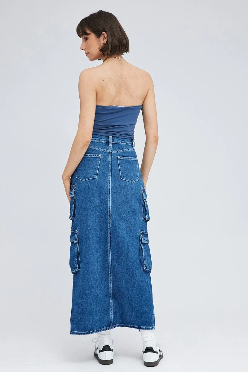 Denim Cargo Skirt Mid Rise Maxi Utility Pocket Details Fashion Combo