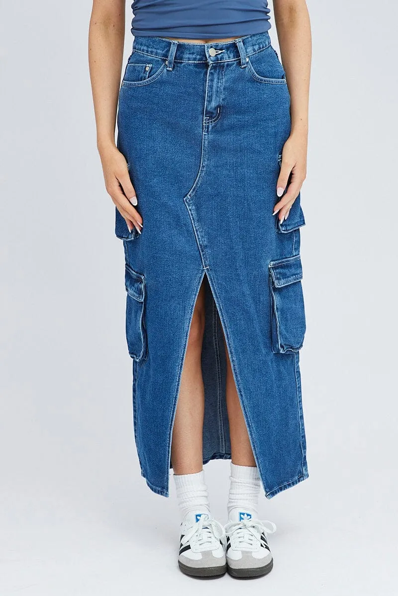 Denim Cargo Skirt Mid Rise Maxi Utility Pocket Details Reinforced Hems Seamless construction